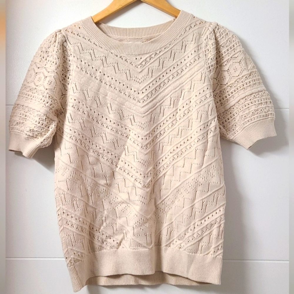 LOFT Cream Eyelet Knit Short Sleeve Sweater